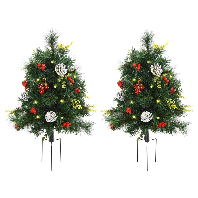 Alt view image 2 of 7 - 22.5 in Christmas Tree Pack Outdoor Pre Lit Artificial Cordless with White Lights and Stakes, Green, Plastic