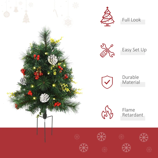 Alt view image 7 of 7 - 22.5 in Christmas Tree Pack Outdoor Pre Lit Artificial Cordless with White Lights and Stakes, Green, Plastic