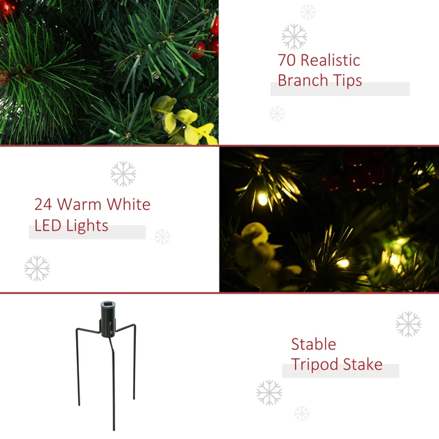 Alt view image 6 of 7 - 22.5 in Christmas Tree Pack Outdoor Pre Lit Artificial Cordless with White Lights and Stakes, Green, Plastic
