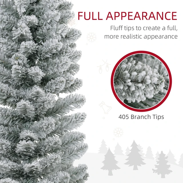 Alt view image 5 of 7 - 7 ft Artificial Pencil Christmas Tree with Snow Flocked Tips, Metal Base Realistic Xmas Tree, Green, Plastic