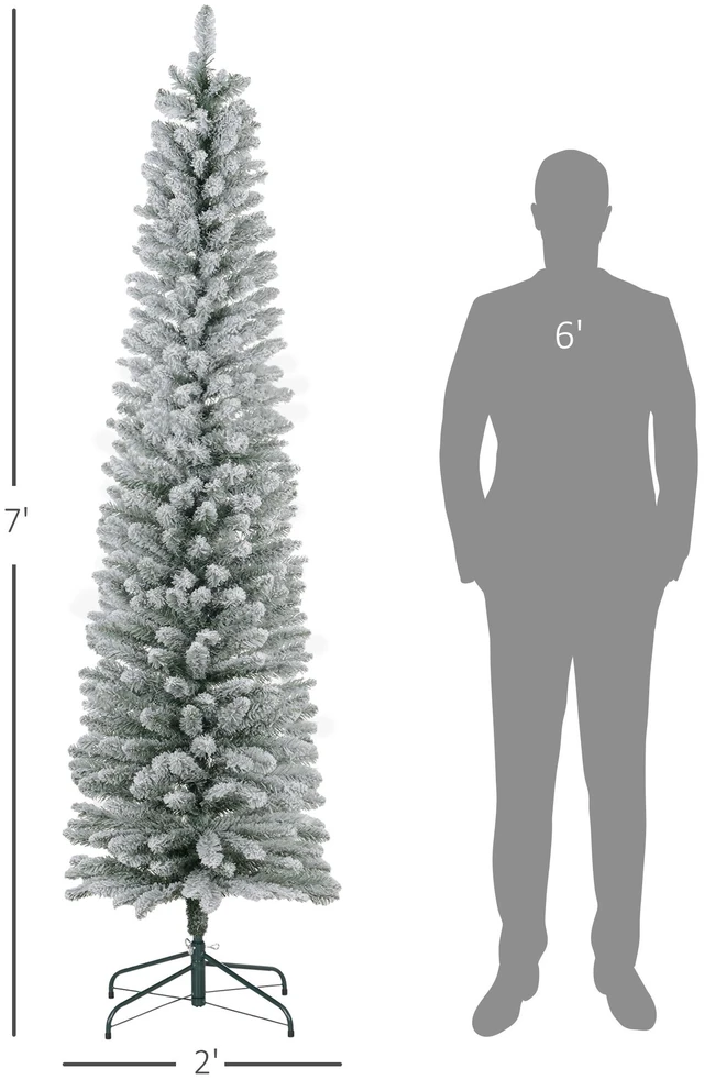Alt view image 7 of 7 - 7 ft Artificial Pencil Christmas Tree with Snow Flocked Tips, Metal Base Realistic Xmas Tree, Green, Plastic