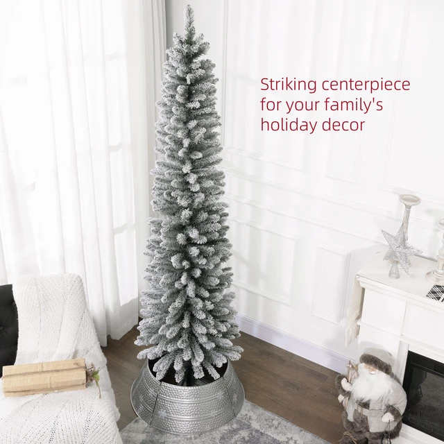 Alt view image 6 of 7 - 7 ft Artificial Pencil Christmas Tree with Snow Flocked Tips, Metal Base Realistic Xmas Tree, Green, Plastic