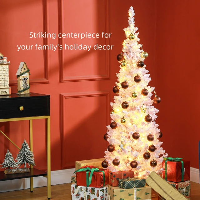 Alt view image 5 of 7 - Tall Pre Lit Slim Noble Fir Artificial Christmas Tree with LED Lights and Tips, Christmas Decoration with Snow Flocked