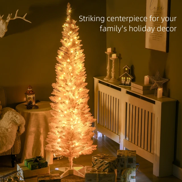 Alt view image 5 of 7 - Tall Pre Lit Slim Noble Fir Artificial Christmas Tree with LED Lights and Tips, Christmas Decoration, Pink, Plastic