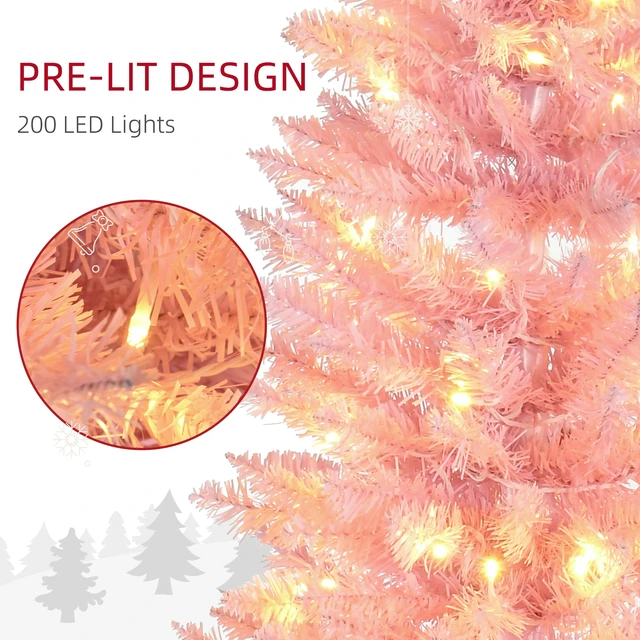 Alt view image 4 of 7 - Tall Pre Lit Slim Noble Fir Artificial Christmas Tree with LED Lights and Tips, Christmas Decoration, Pink, Plastic