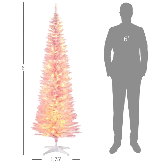 Alt view image 6 of 7 - Tall Pre Lit Slim Noble Fir Artificial Christmas Tree with LED Lights and Tips, Christmas Decoration, Pink, Plastic