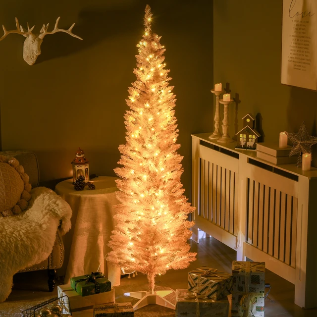 Alt view image 7 of 7 - Tall Pre Lit Slim Noble Fir Artificial Christmas Tree with LED Lights and Tips, Christmas Decoration, Pink, Plastic
