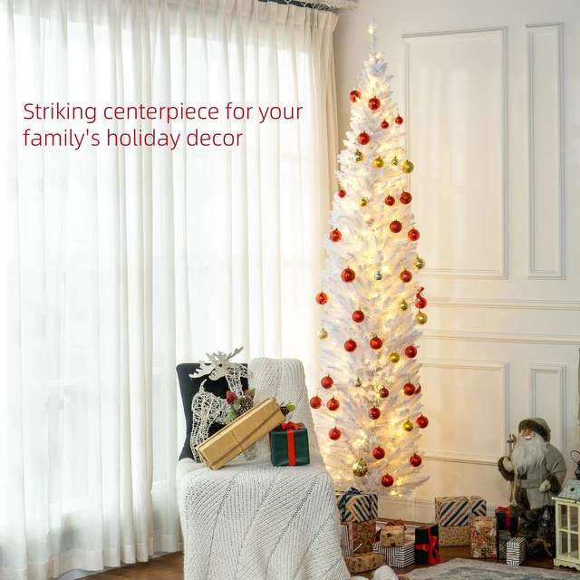 Alt view image 5 of 7 - Tall Pre Lit Slim Noble Fir Artificial Christmas Tree with LED Lights and Tips, Christmas Decoration, White, Plastic