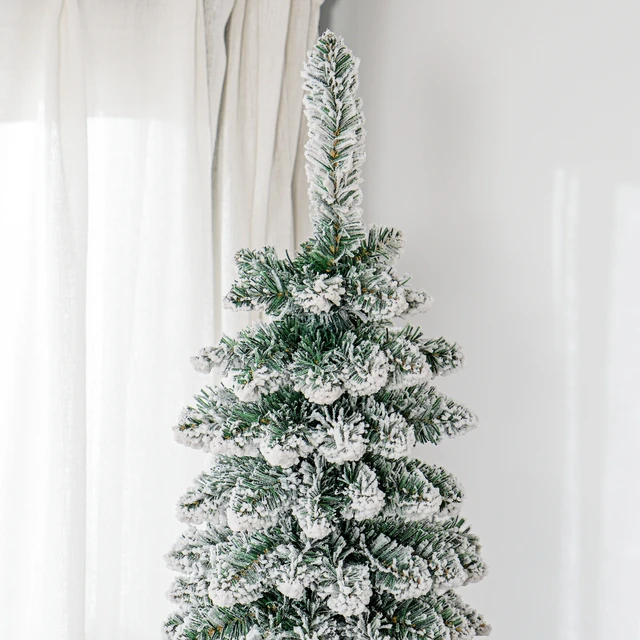 Alt view image 2 of 7 - Tall Unlit Snow Flocked Artificial Christmas Tree, Slim Pencil Xmas Tree with Realistic Branches and Tips, Green