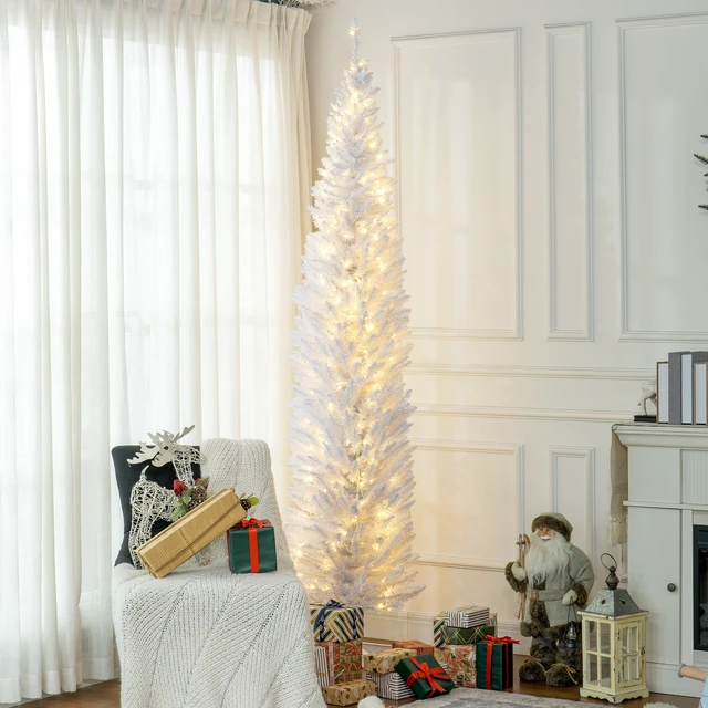 Alt view image 7 of 7 - Tall Pre Lit Slim Noble Fir Artificial Christmas Tree with LED Lights and Tips, Christmas Decoration, White, Plastic