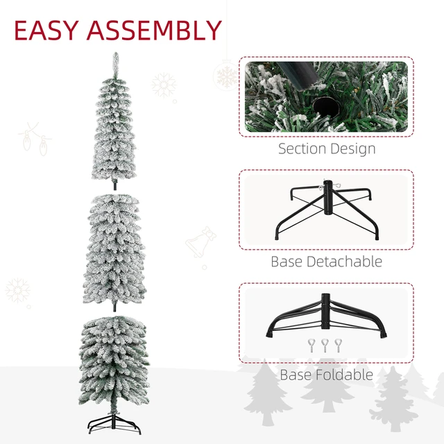 Alt view image 3 of 7 - Tall Unlit Snow Flocked Artificial Christmas Tree, Slim Pencil Xmas Tree with Realistic Branches and Tips, Green