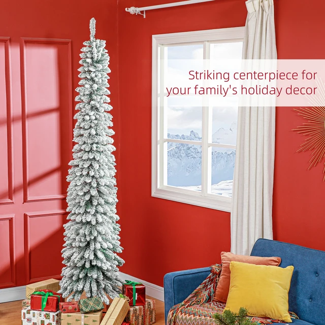 Alt view image 5 of 7 - Tall Unlit Snow Flocked Artificial Christmas Tree, Slim Pencil Xmas Tree with Realistic Branches and Tips, Green