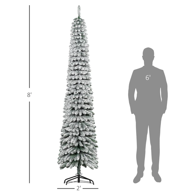 Alt view image 6 of 7 - Tall Unlit Snow Flocked Artificial Christmas Tree, Slim Pencil Xmas Tree with Realistic Branches and Tips, Green