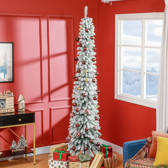 Alt view image 7 of 7 - Tall Unlit Snow Flocked Artificial Christmas Tree, Slim Pencil Xmas Tree with Realistic Branches and Tips, Green