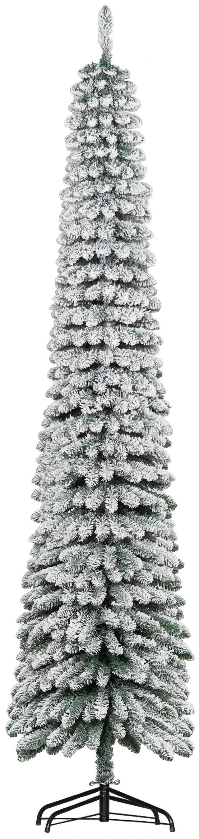 Main image of Tall Unlit Snow Flocked Artificial Christmas Tree, Slim Pencil Xmas Tree with Realistic Branches and Tips, Green