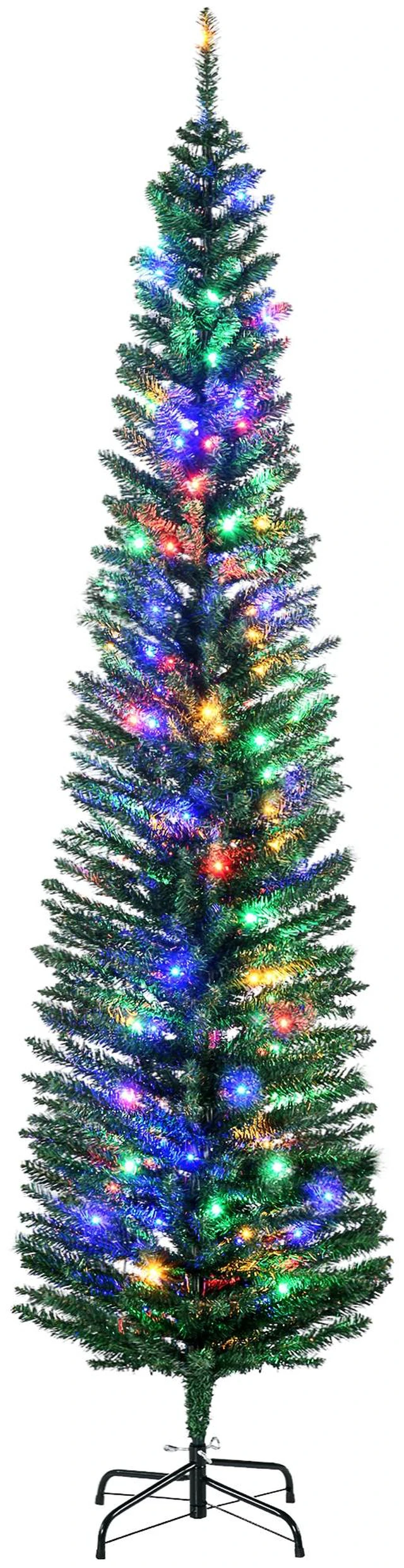 Main image of 7 ft Tall Pencil Prelit Artificial Christmas Tree Holiday Décor with Branches, Colorful LED Lights Steel Base, Green