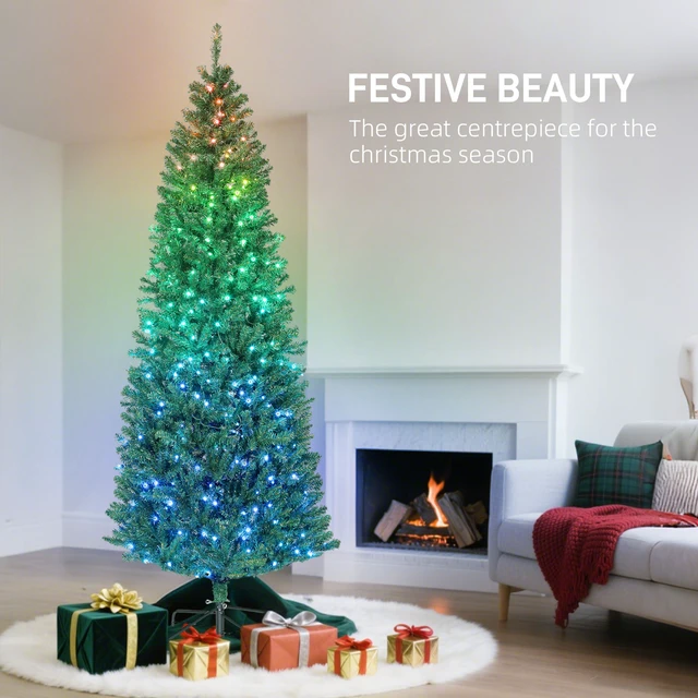 Alt view image 6 of 7 - 7 ft Prelit Christmas Tree with Colorful DIY Synchronized LED Lights and Remote, Slim Fir Hinged Xmas Tree with Dense