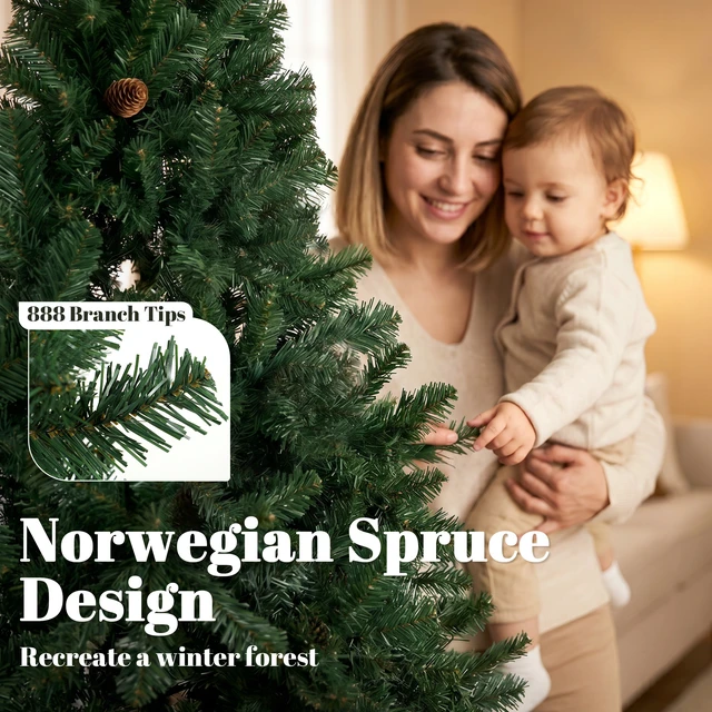 Alt view image 5 of 7 - 6 ft Norwegian Spruce Artificial Christmas Tree with Branch Tips, Foldable Metal Stand Easy Assembly Hinged Design Full