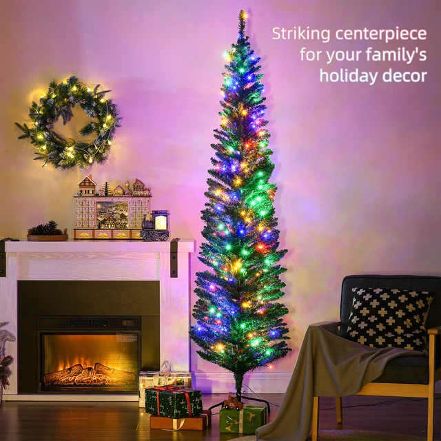 Alt view image 6 of 7 - 7 ft Tall Pencil Prelit Artificial Christmas Tree Holiday Décor with Branches, Colorful LED Lights Steel Base, Green