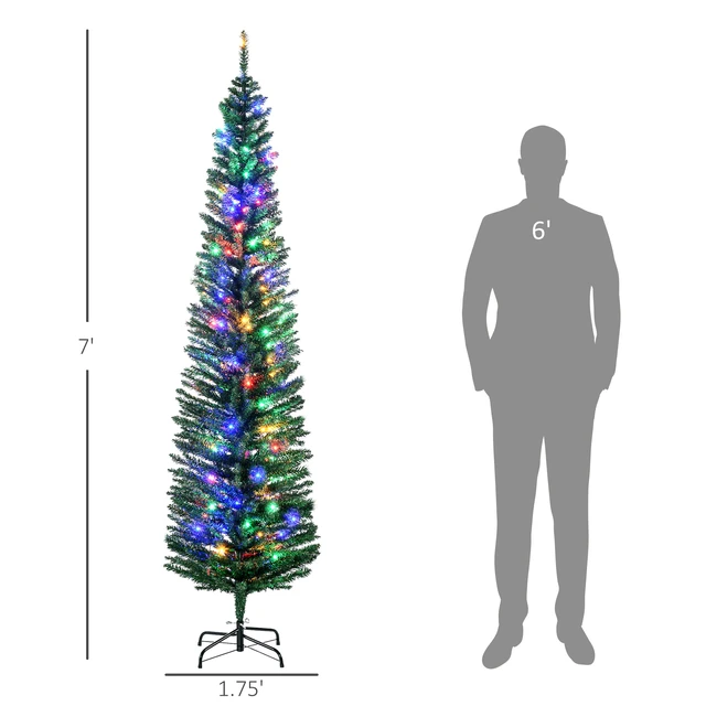 Alt view image 7 of 7 - 7 ft Tall Pencil Prelit Artificial Christmas Tree Holiday Décor with Branches, Colorful LED Lights Steel Base, Green