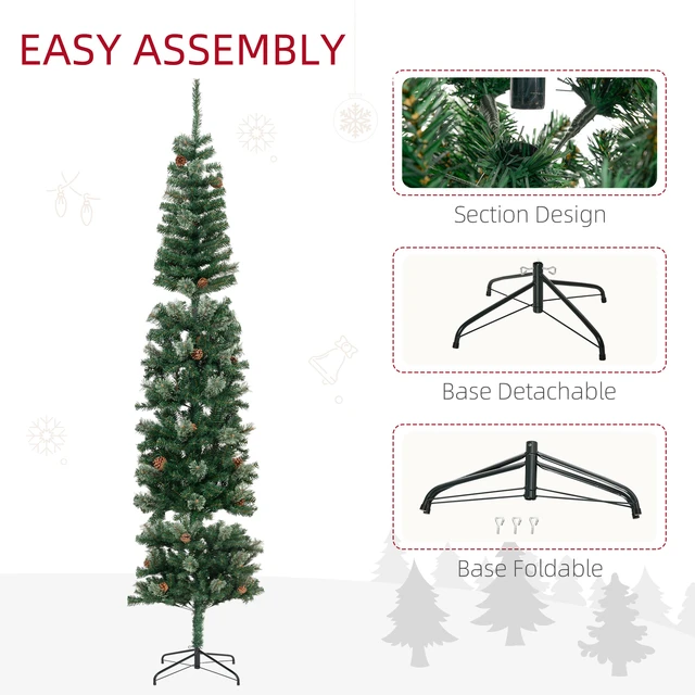 Alt view image 2 of 7 - 9.5 Foot Pencil Artificial Christmas Tree, Slim Needles Xmas Tree with Realistic Branches Cones Metal Base, Green