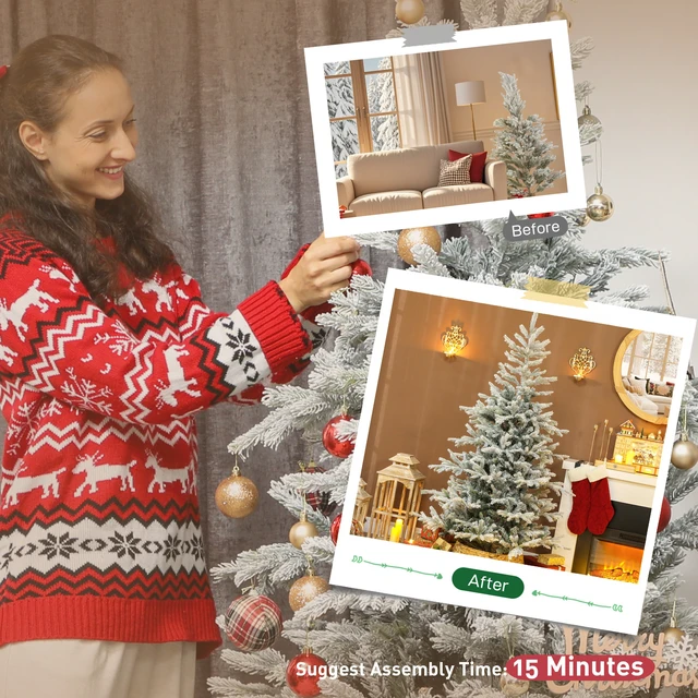 Alt view image 3 of 7 - 6 ft Artificial Spruce Slim Christmas Tree, Snow Flocked Xmas Tree Branch Tips Foldable Metal Stand and Hinged