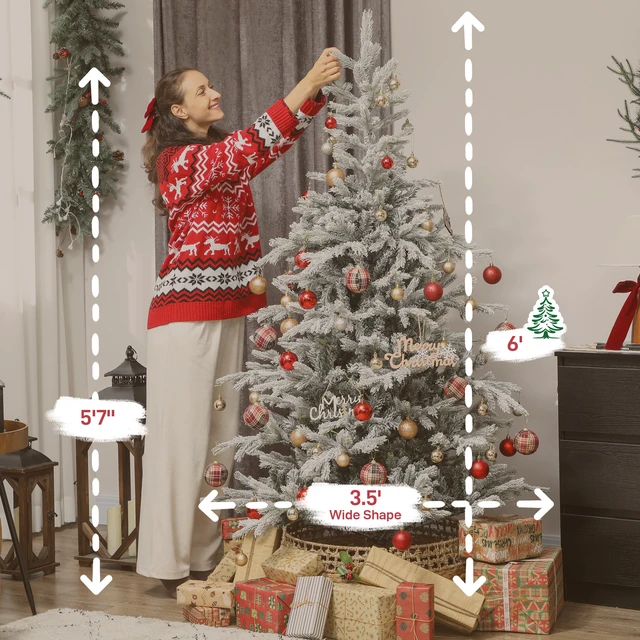Alt view image 7 of 7 - 6 ft Artificial Spruce Slim Christmas Tree, Snow Flocked Xmas Tree Branch Tips Foldable Metal Stand and Hinged