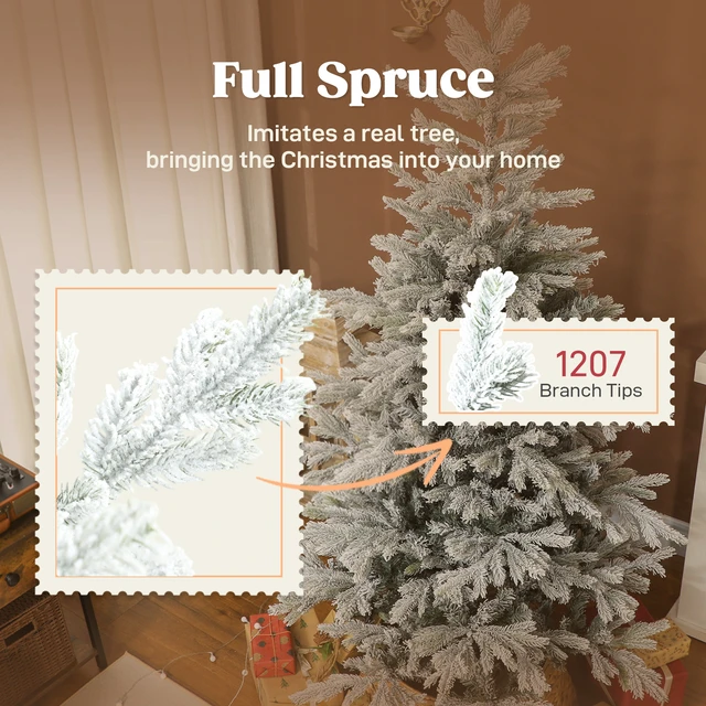 Alt view image 5 of 7 - 6 ft Artificial Spruce Slim Christmas Tree, Snow Flocked Xmas Tree Branch Tips Foldable Metal Stand and Hinged