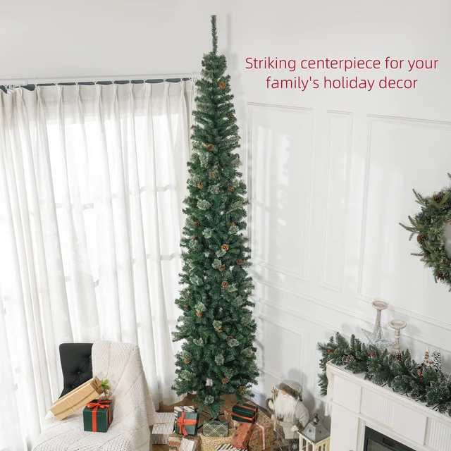 Alt view image 6 of 7 - 9.5 Foot Pencil Artificial Christmas Tree, Slim Needles Xmas Tree with Realistic Branches Cones Metal Base, Green