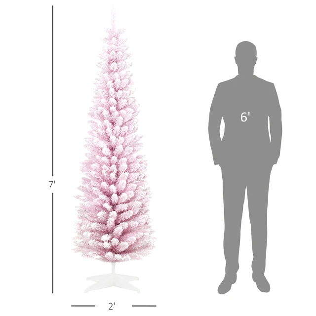 Alt view image 7 of 7 - Snow Flocked Artificial Pencil Christmas Tree, Slim Xmas Tree with Realistic Branches and Plastic Base Stand for Indoor