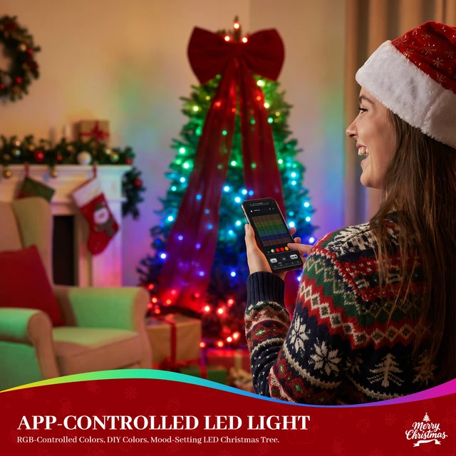 Alt view image 2 of 7 - 6 ft Prelit Christmas Tree with LED Lights, App Control Aspen Artificial Christmas Tree Color Lights with Large Bow
