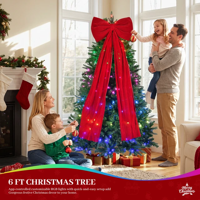 Alt view image 3 of 7 - 6 ft Prelit Christmas Tree with LED Lights, App Control Aspen Artificial Christmas Tree Color Lights with Large Bow