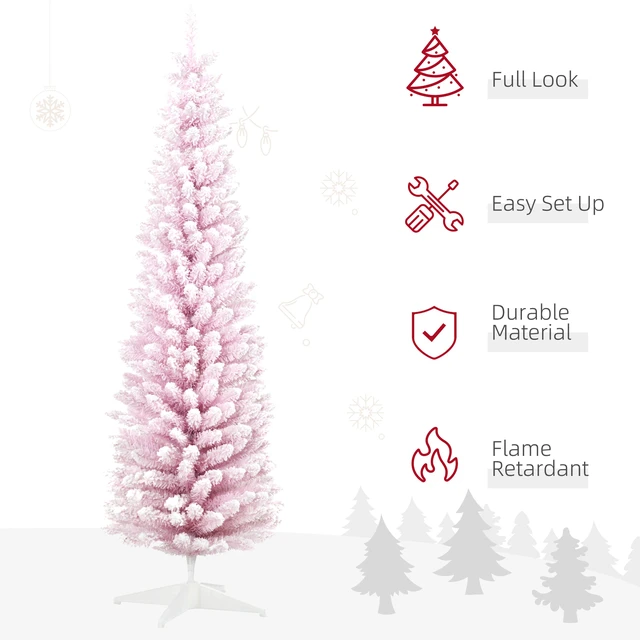 Alt view image 6 of 7 - Snow Flocked Artificial Pencil Christmas Tree, Slim Xmas Tree with Realistic Branches and Plastic Base Stand for Indoor