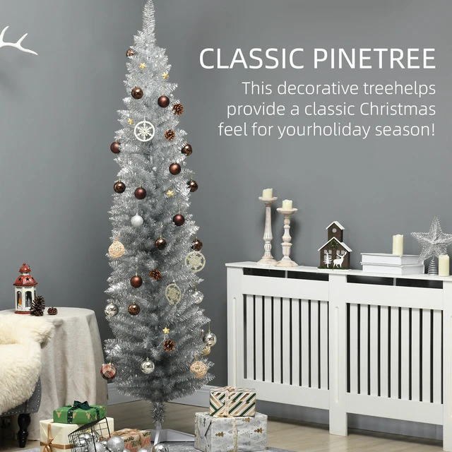 Alt view image 6 of 7 - Artificial Pencil Christmas Tree, Slim Xmas Tree with Realistic Branch Tips and Plastic Stand, Silver, Plastic