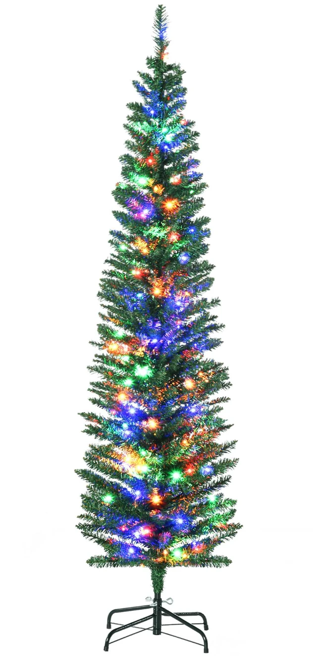 Main image of 6 ft Tall Pencil Prelit Artificial Christmas Tree Holiday Décor with Branches, Colorful LED Lights Steel Base, Green
