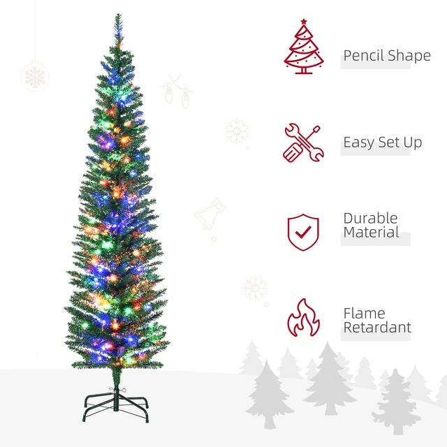 Alt view image 5 of 7 - 6 ft Tall Pencil Prelit Artificial Christmas Tree Holiday Décor with Branches, Colorful LED Lights Steel Base, Green