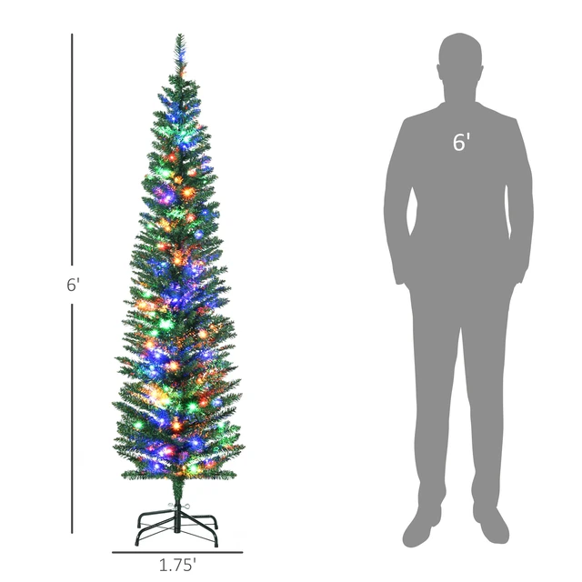 Alt view image 6 of 7 - 6 ft Tall Pencil Prelit Artificial Christmas Tree Holiday Décor with Branches, Colorful LED Lights Steel Base, Green