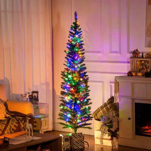 Alt view image 7 of 7 - 6 ft Tall Pencil Prelit Artificial Christmas Tree Holiday Décor with Branches, Colorful LED Lights Steel Base, Green