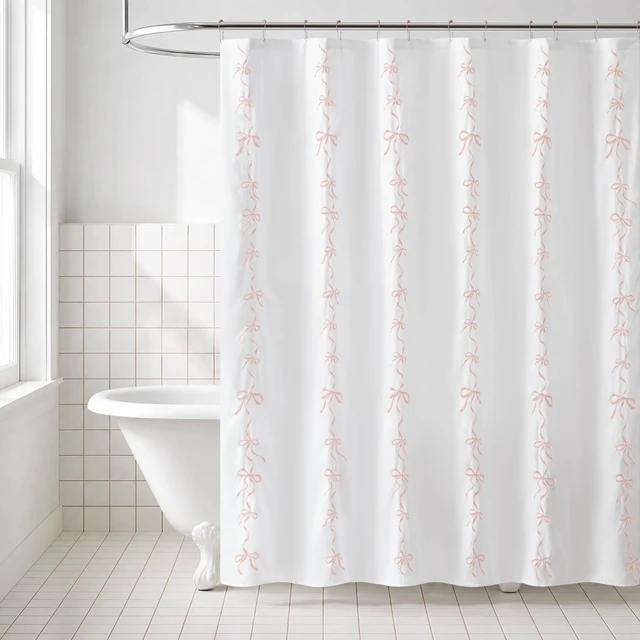 Main image of 72 Inch Addison Bowed Shower Curtain Set, White Pink, Polyester