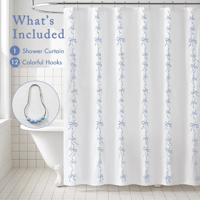 Alt view image 5 of 7 - 72 Inch Addison Bowed Shower Curtain Set, White Blue, Polyester