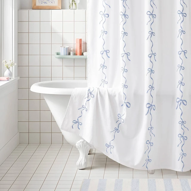Alt view image 7 of 7 - 72 Inch Addison Bowed Shower Curtain Set, White Blue, Polyester