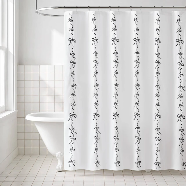 Main image of 72 Inch Addison Bowed Shower Curtain Set, White Black, Polyester