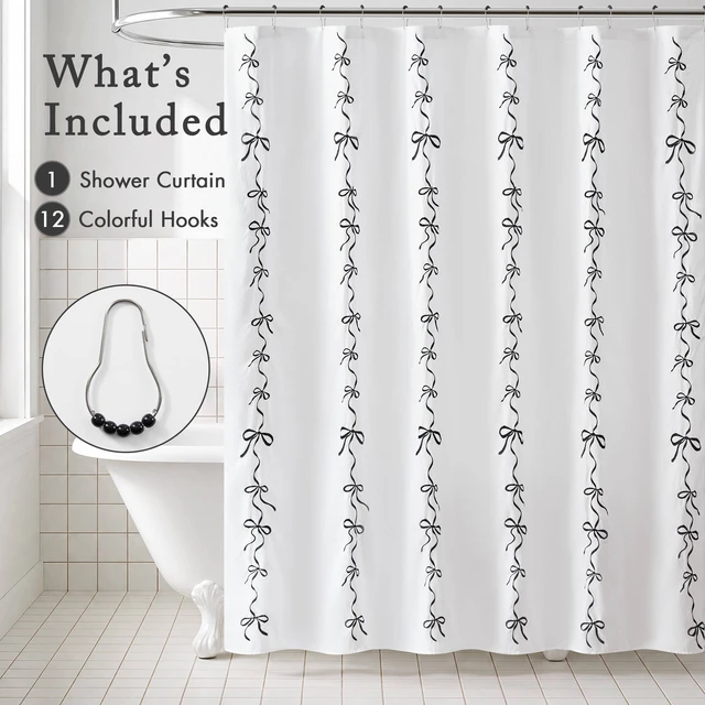 Alt view image 2 of 7 - 72 Inch Addison Bowed Shower Curtain Set, White Black, Polyester