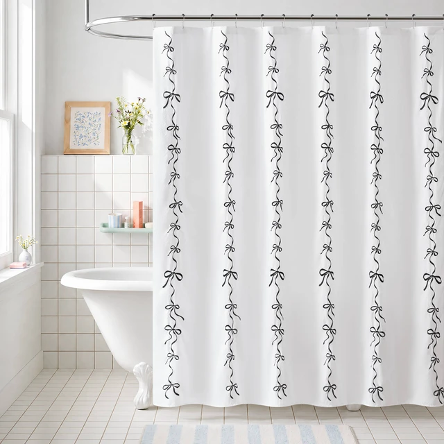 Alt view image 7 of 7 - 72 Inch Addison Bowed Shower Curtain Set, White Black, Polyester