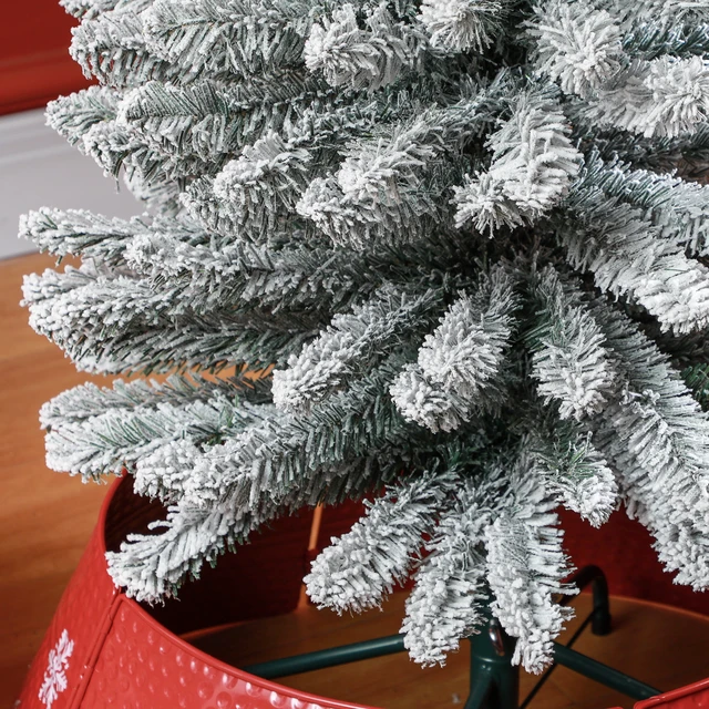 Alt view image 2 of 7 - 7 ft Artificial Pencil Christmas Tree with Snow Flocked Tips, Metal Base Realistic Xmas Tree, Green, Plastic