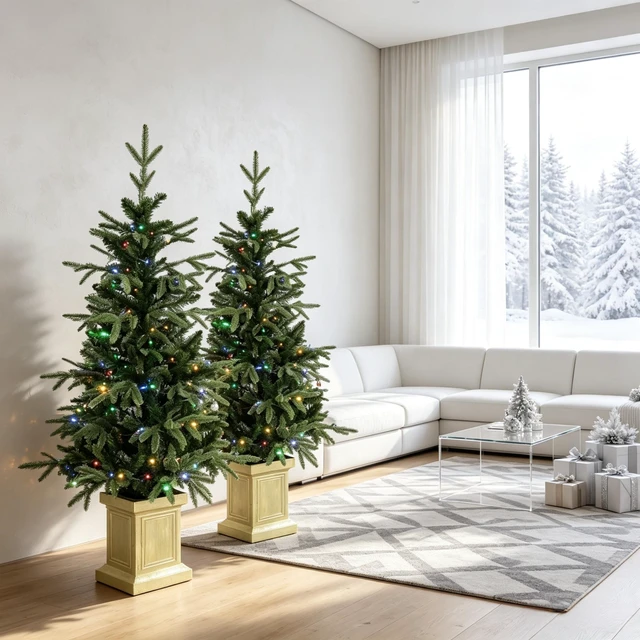 Alt view image 7 of 7 - Set, 4 ft Pre Lit Aspen Fir Artificial Christmas Trees Battery Operated Dual Color LED Lights with Lighting Modes
