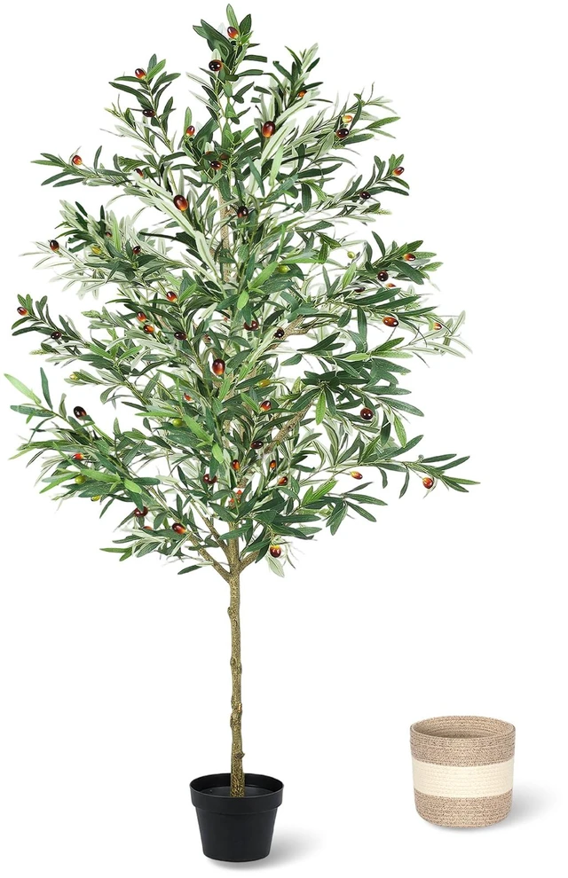 Main image of Artificial Olive Tree Indoor Tall Faux with Planter and Basket Tall Fake Olive Tree with Realistic Leaves and Weighted