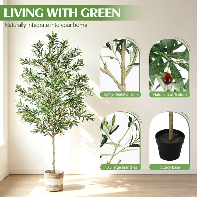 Alt view image 6 of 7 - Artificial Olive Tree Indoor Tall Faux with Planter and Basket Tall Fake Olive Tree with Realistic Leaves and Weighted