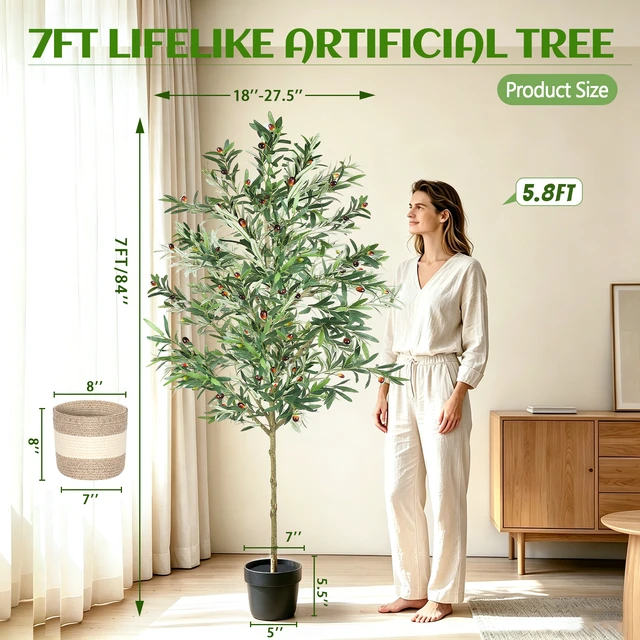 Alt view image 4 of 7 - Artificial Olive Tree Indoor Tall Faux with Planter and Basket Tall Fake Olive Tree with Realistic Leaves and Weighted