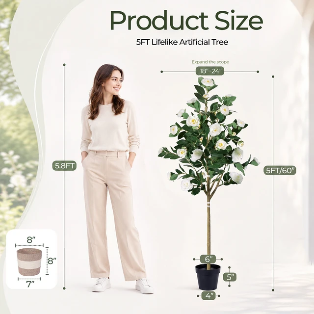 Alt view image 3 of 7 - Artificial Camellia Tree Faux Plants Indoor, Easy Assembly Low Maintenance for Both Indoor Decoration and Other